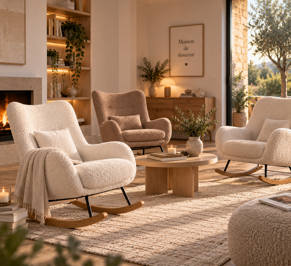 Fauteuil à bascule en tissu bouclette, collection Douce Bascule