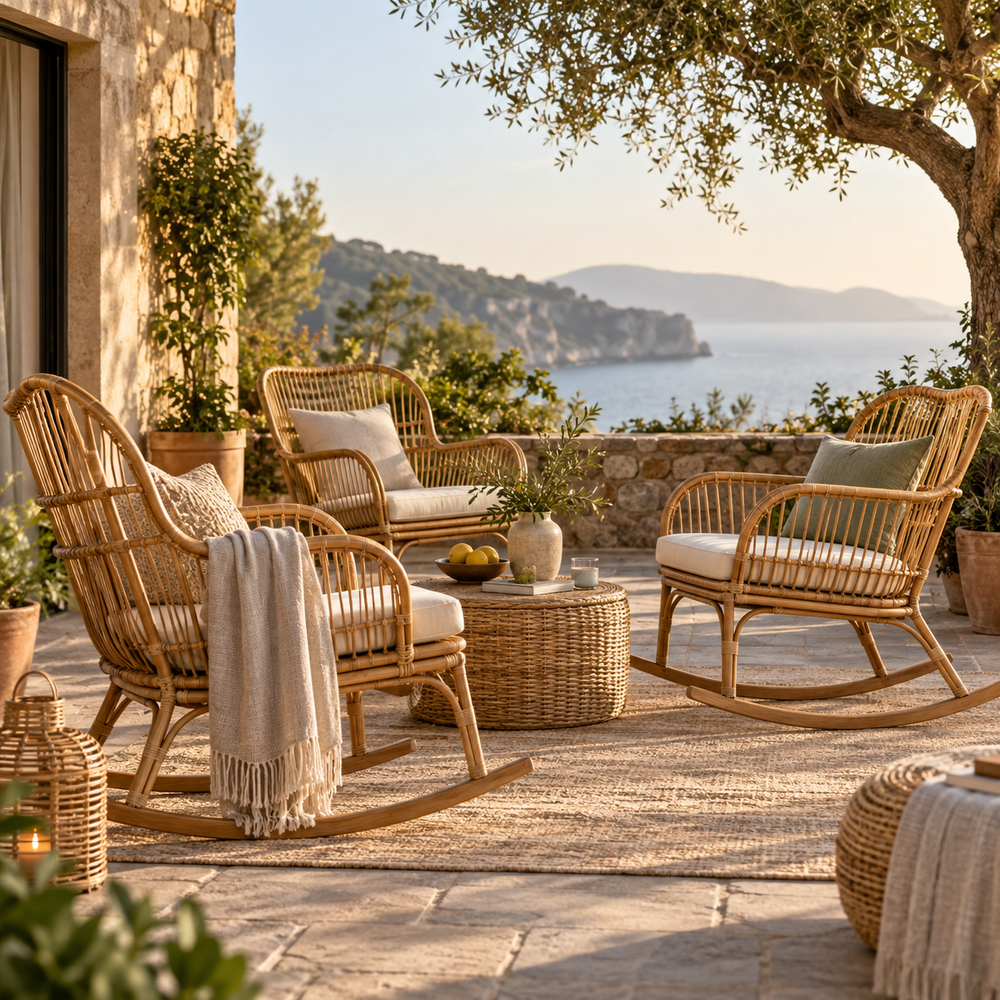 Fauteuil à bascule en rotin sur une terrasse, collection Douce Bascule
