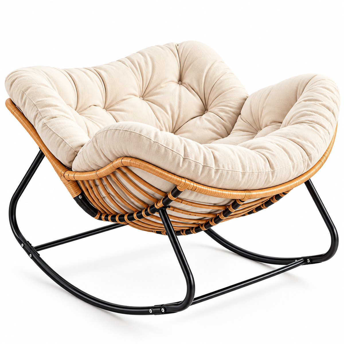 Fauteuil à Bascule Rotin & Coussin XXL Toutes Saisons – BRUMEL