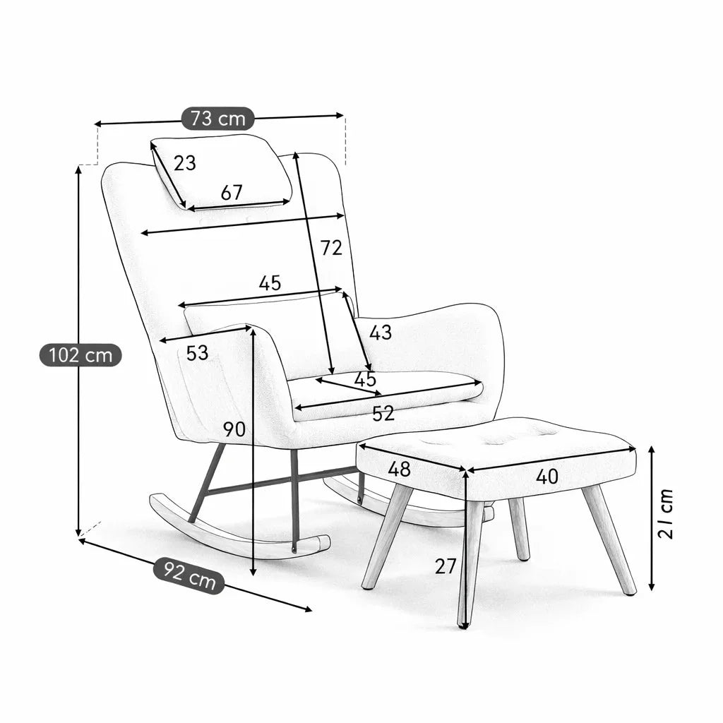 Fauteuil à bascule CÂLINE, schéma des dimensions