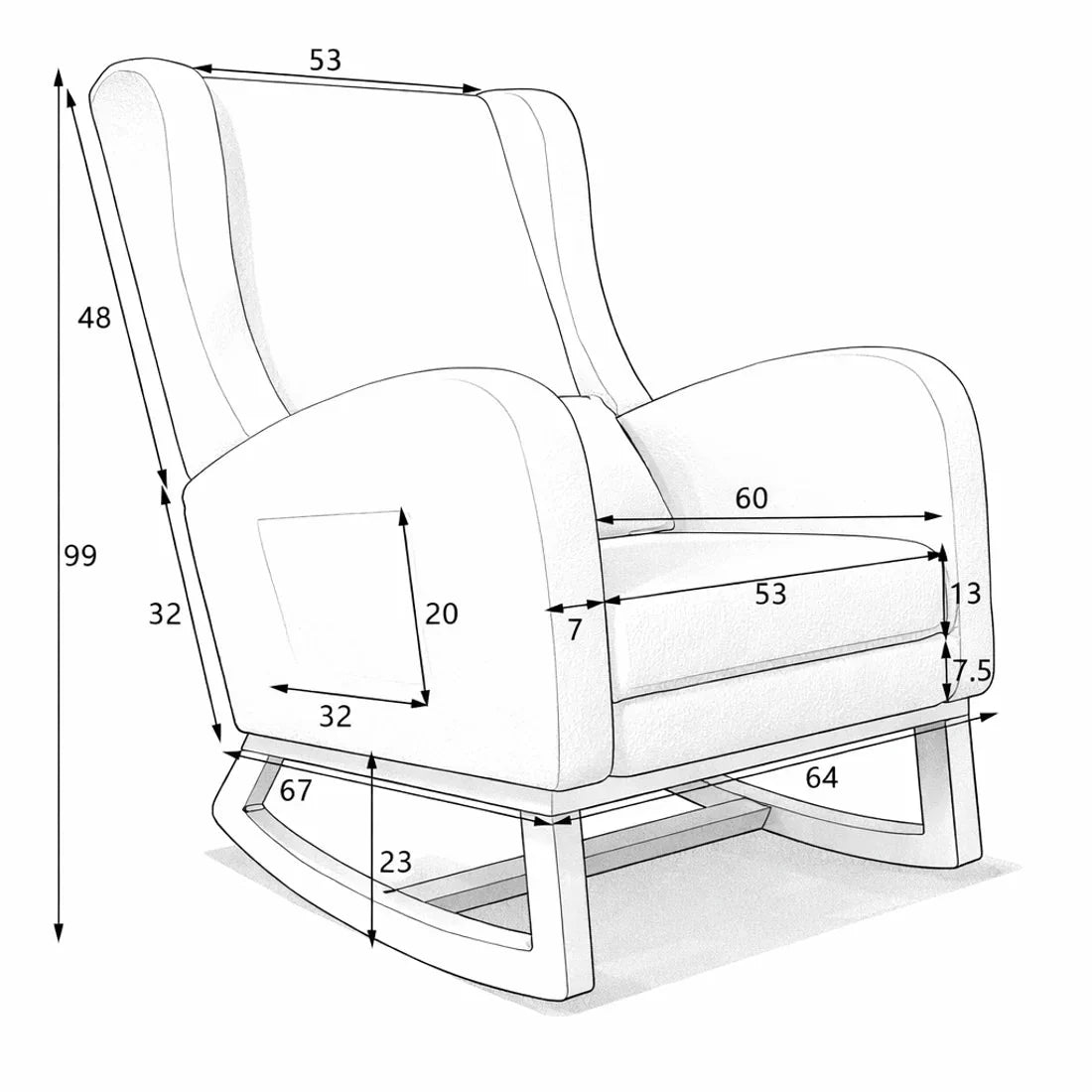 Fauteuil à bascule RIVANE, schéma des dimensions