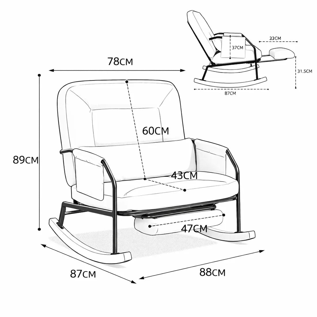 Fauteuil à bascule SOLANE, schéma des dimensions