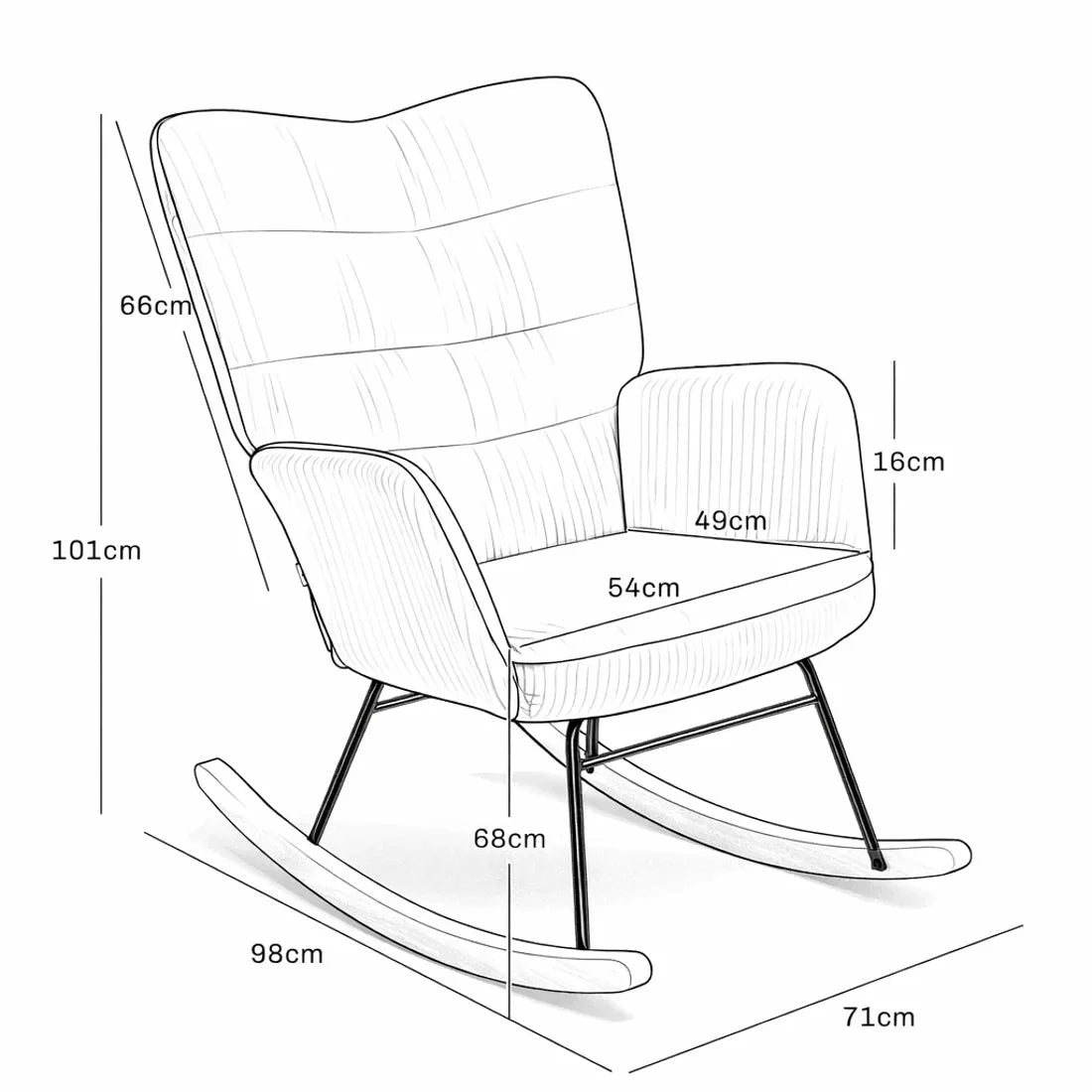 Fauteuil à bascule SOLAYA, schéma des dimensions, coloris jaune