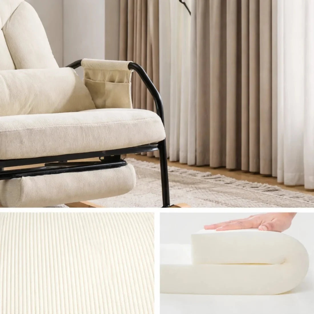 Fauteuil à bascule SOLANE, gros plan sur la texture du tissu