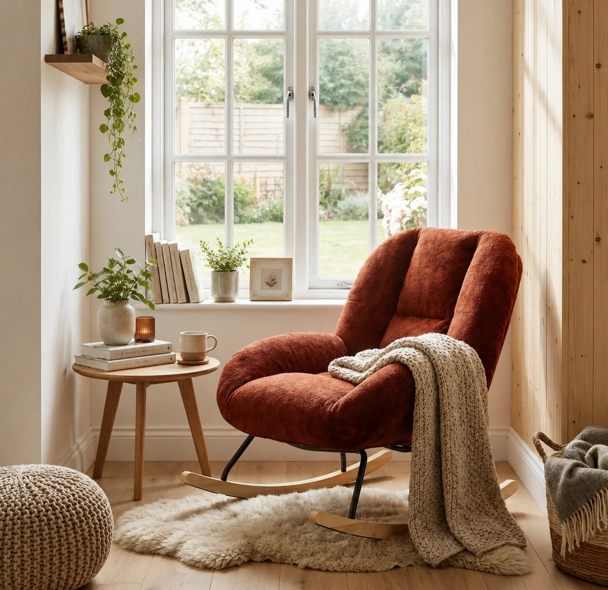 Fauteuil à bascule LOVANE, installé dans un coin lecture, coloris rouge (2)