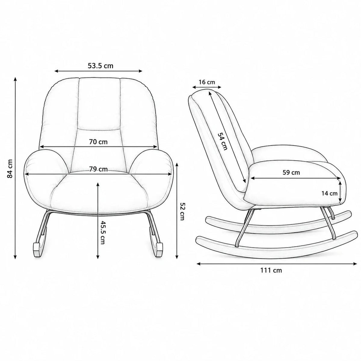 Fauteuil à bascule LOVANE, schéma des dimensions, coloris rouge