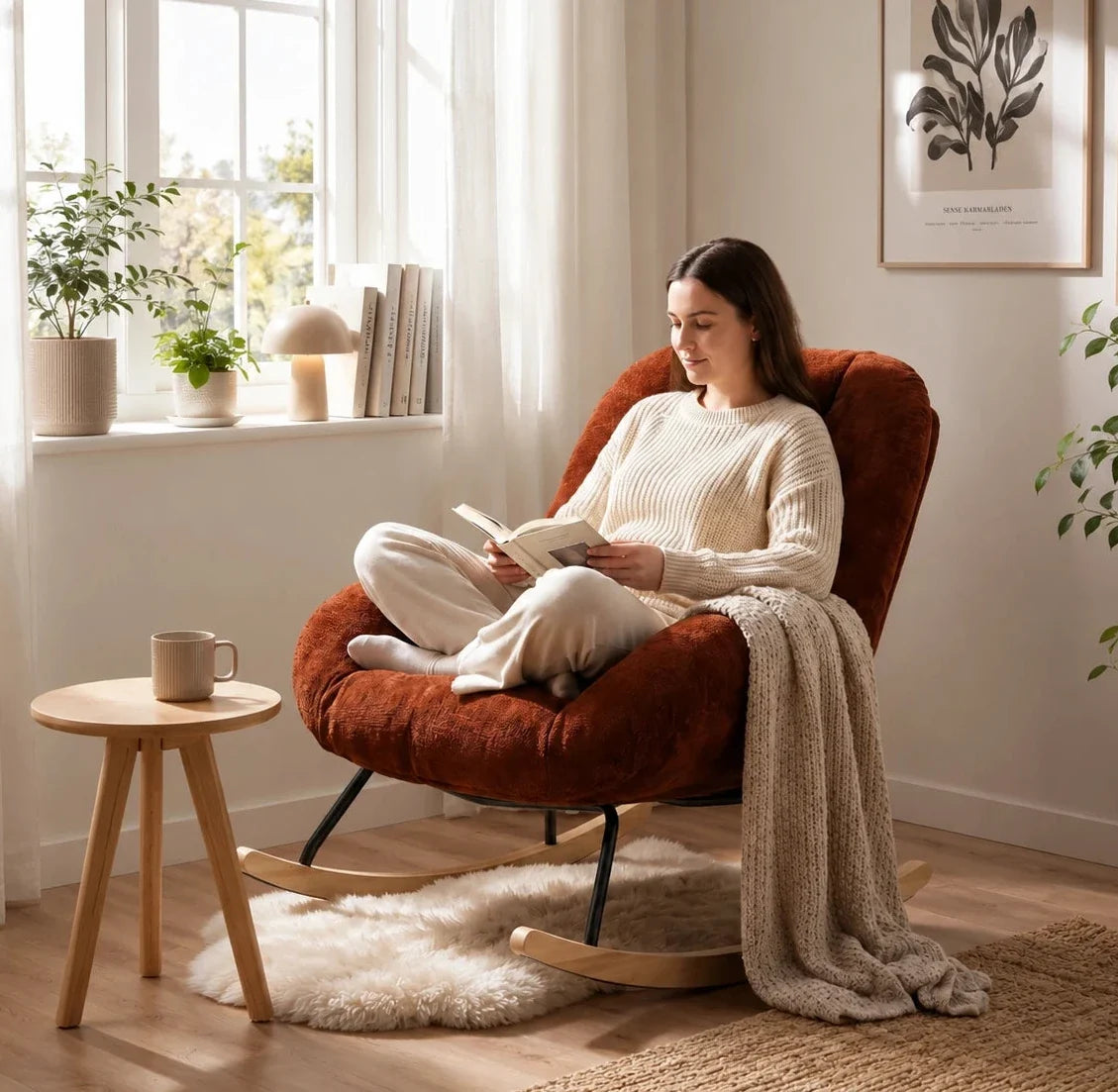 Fauteuil à bascule LOVANE, installé dans un coin lecture, coloris rouge