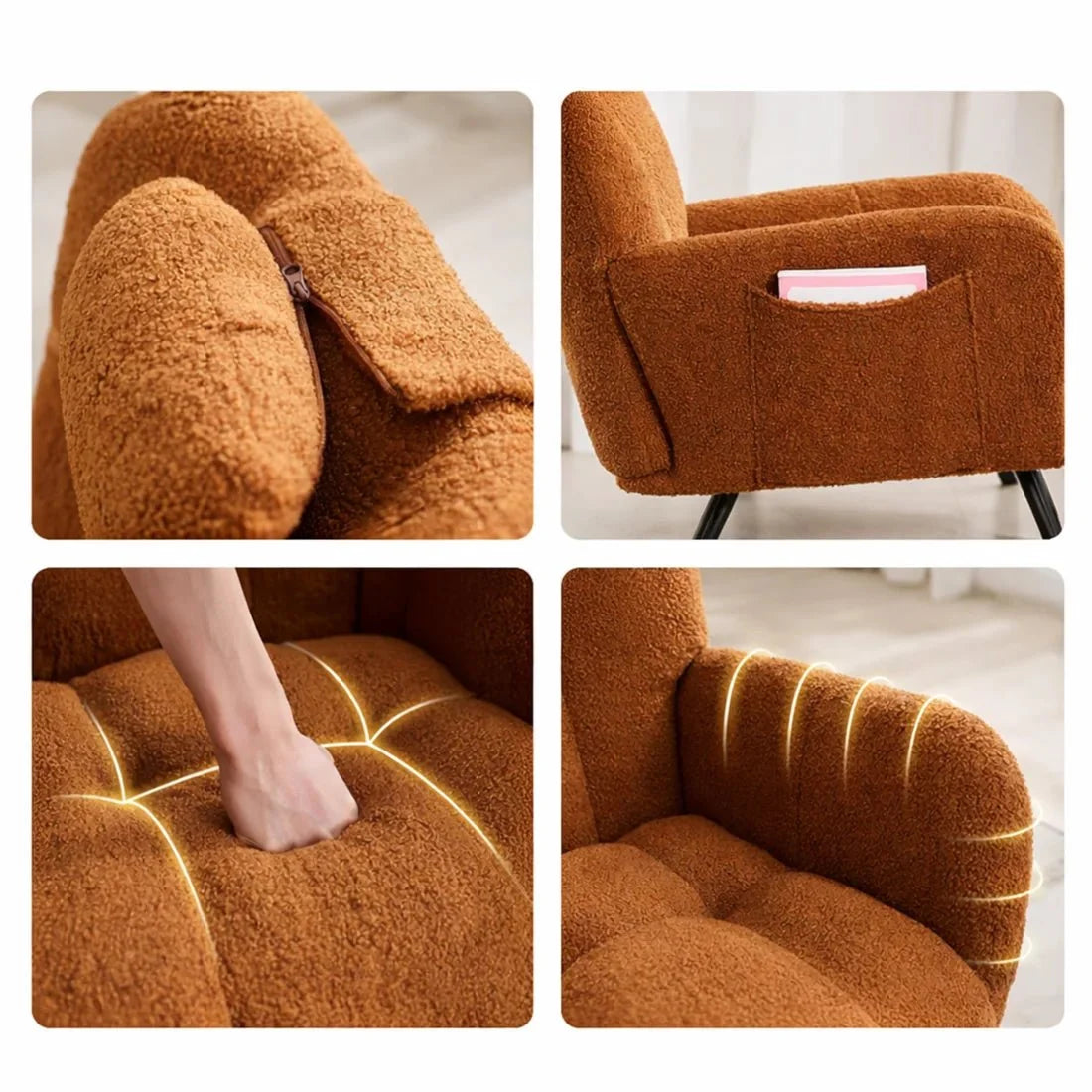 Fauteuil à bascule AVELINE, gros plan sur la qualité des finitions