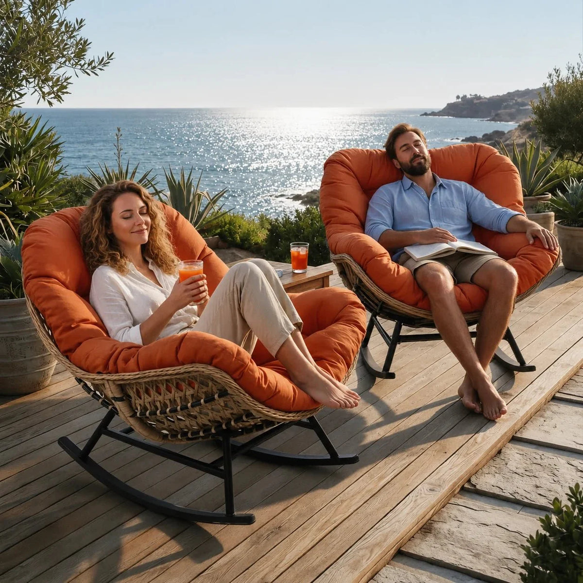 Fauteuil à bascule PALUA, en extérieur avec vue sur l'eau