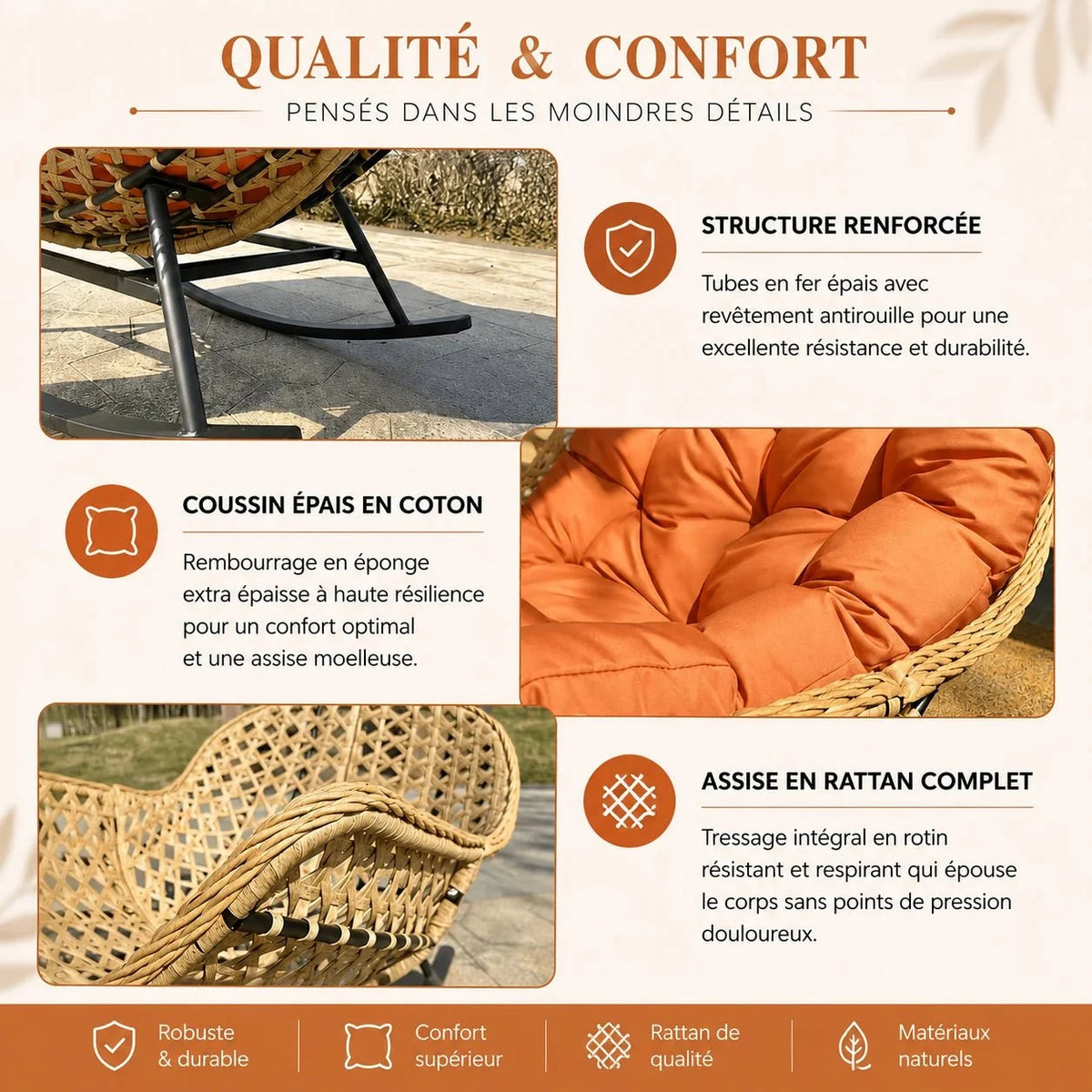 Fauteuil à bascule PALUA, gros plan sur la qualité des finitions