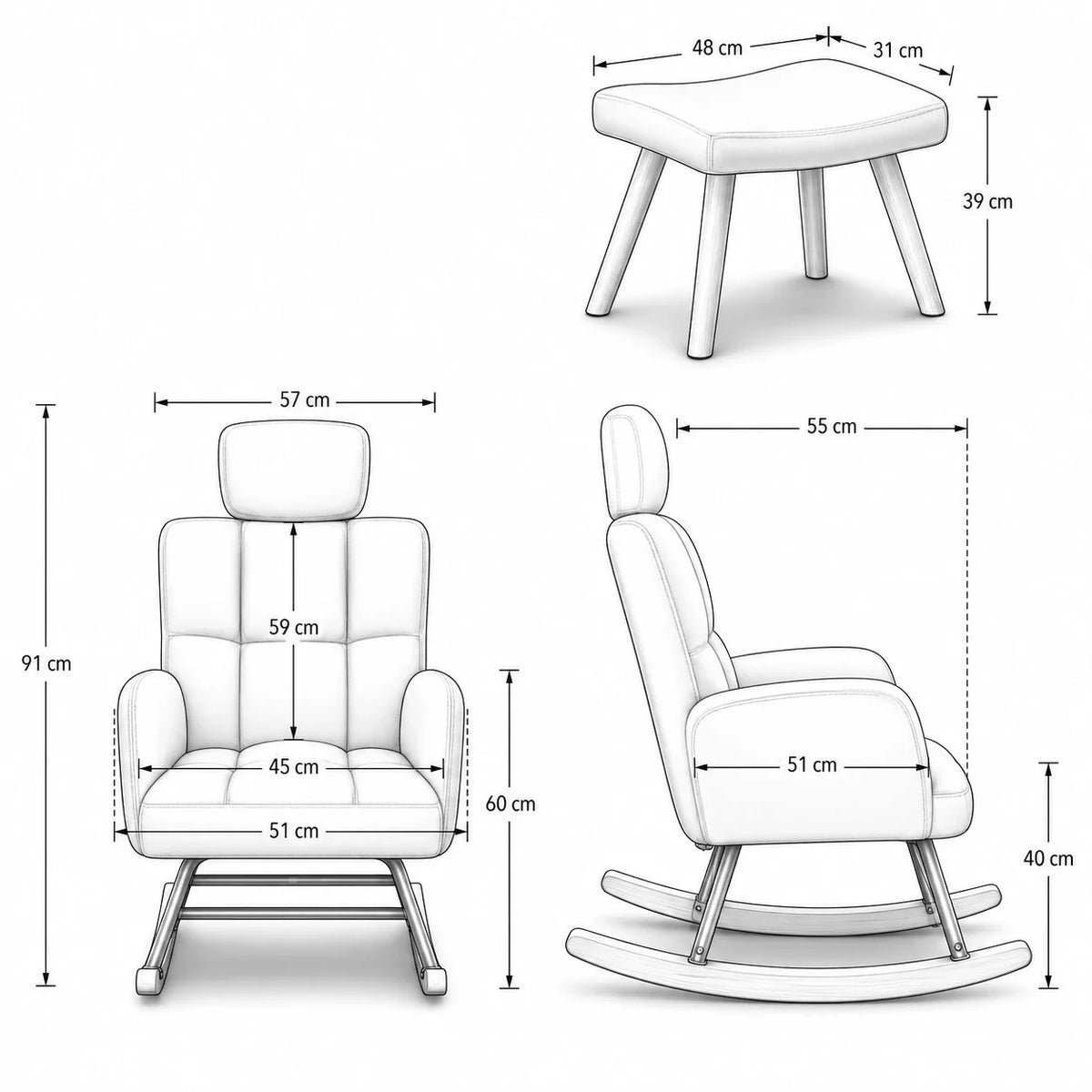 Fauteuil à bascule AERYS, schéma des dimensions