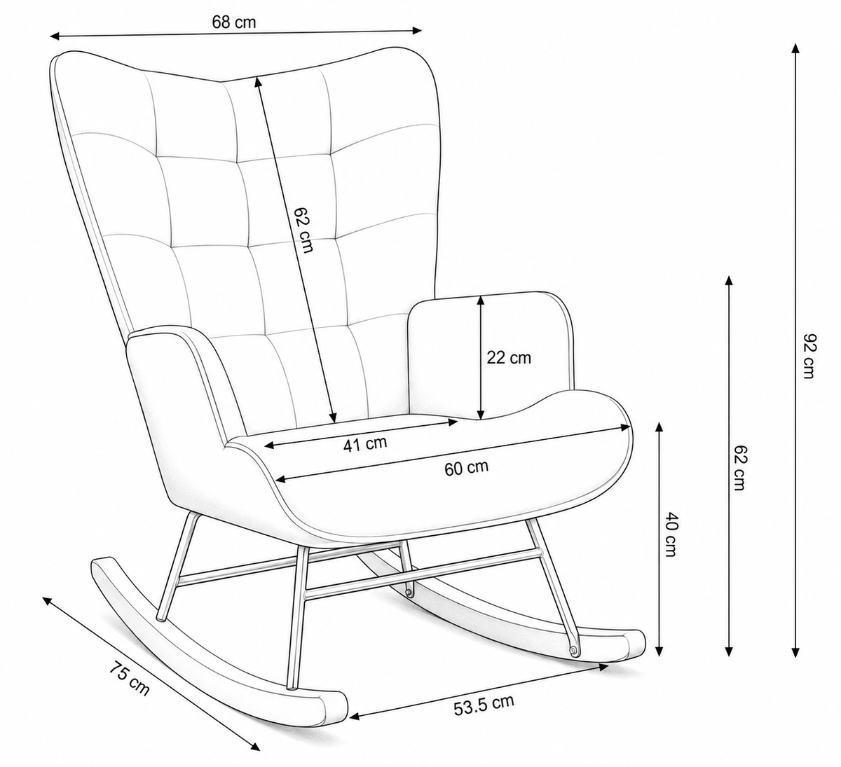 Fauteuil à bascule CASSANE, schéma des dimensions