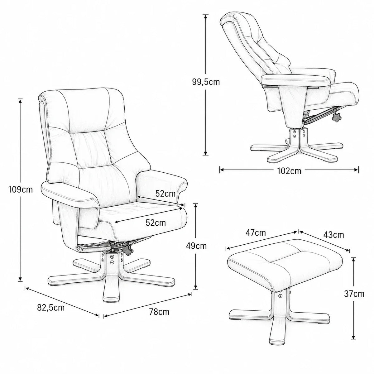 Fauteuil relax VELLYS, schéma des dimensions