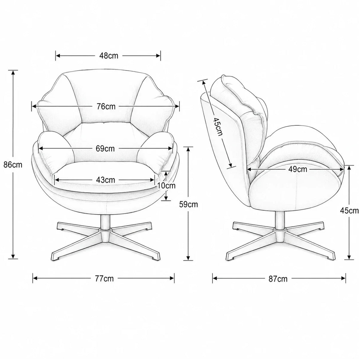 Fauteuil pivotant VESPRA, schéma des dimensions, coloris crème